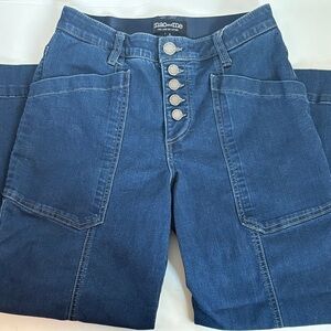 mac and me cropped button fly blue jean elastic waistband long front pocket jean